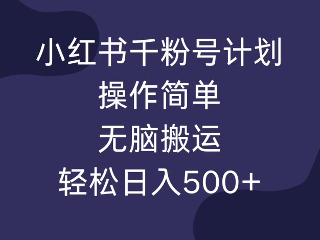 有一个小红书千粉号计划,其操作十分简单,是那种无脑的保姆级搬运方式。利用它,你可以轻松实现日收入超过 500 元。